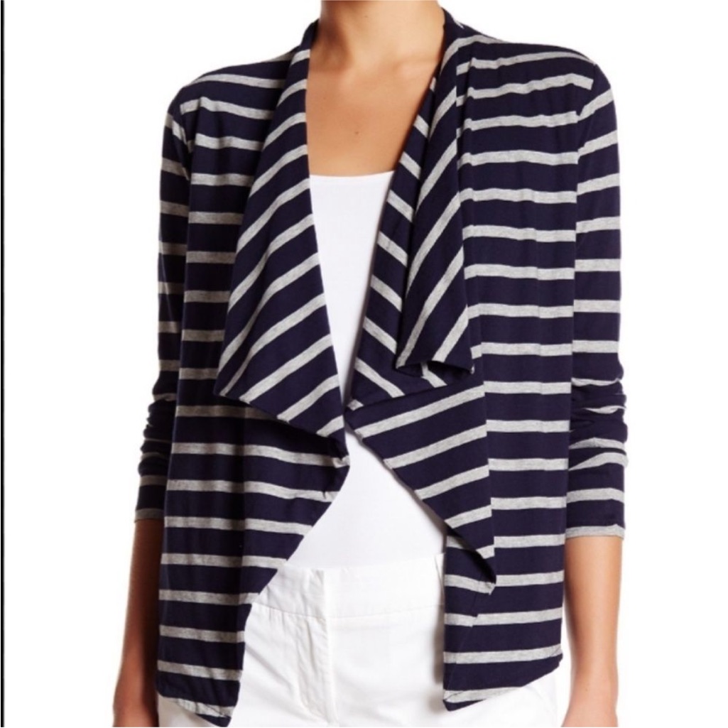 J. Crew Factory Navy White Striped Always Cascading Cardigan Sweater Size Large